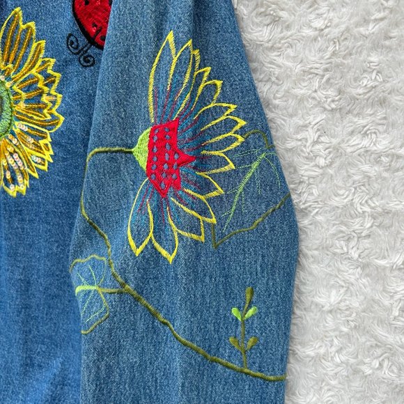 Tantrums Denim Jacket Embroidered Floral Sequin Button Up Medium - Picture 9 of 9